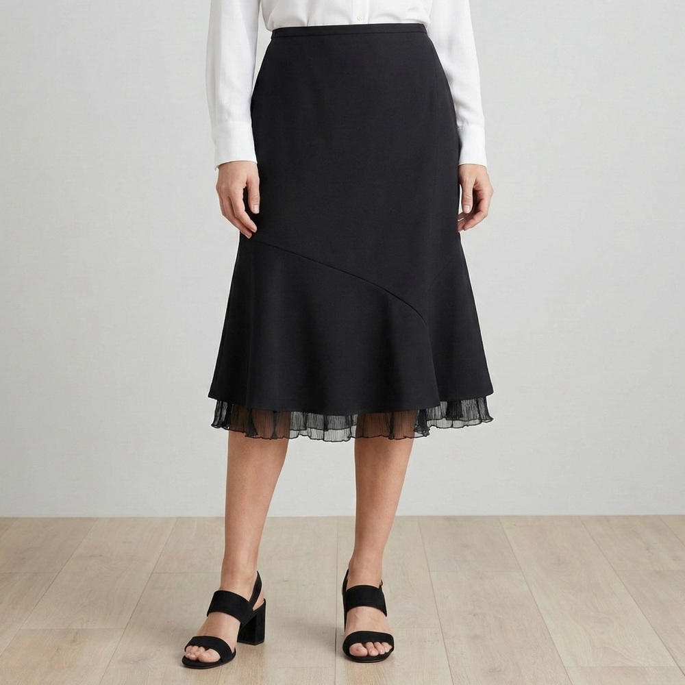 Vintage T. Garment Black Midi Skirt Asymmetrical Mesh Trim Y2K Office Goth L EUC